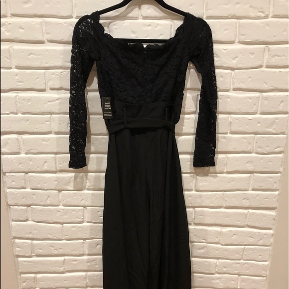 Express Lace Off The Shoulder Paperbag Slit Leg Jumpsuit - Picture 7 of 7